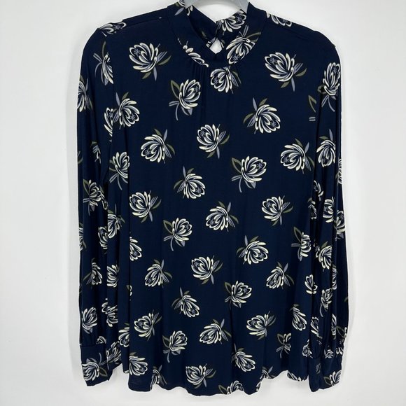 LOFT Tops - 3/$25 LOFT Floral Mock‎ Neck Top L Long Sleeve Blouse Navy Blue